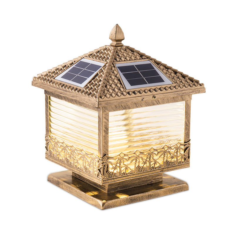 House Aluminum LED Pillar Lamp Rustic Courtyard Solar Post Lighting Fixture with Frosted Acrylic Shade in Bronze