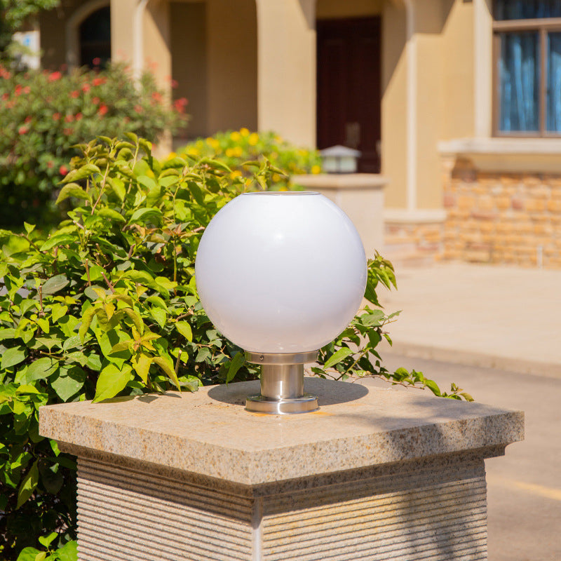 Industrial Sphere Shaped Solar Post Light Acrylic LED Landscape Lamp in Silver for Courtyard