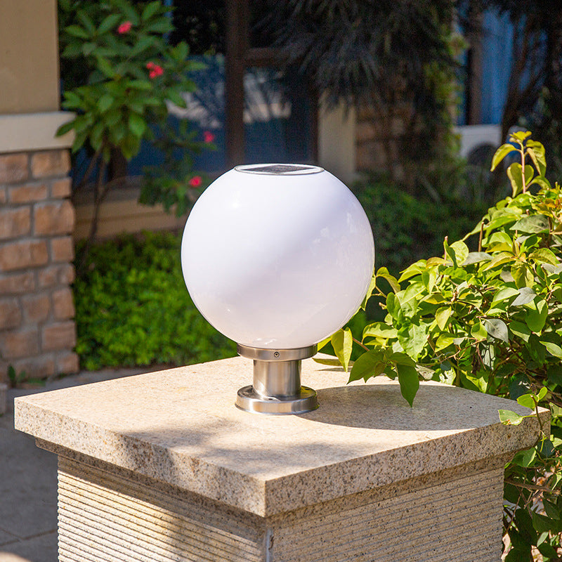 Industrial Sphere Shaped Solar Post Light Acrylic LED Landscape Lamp in Silver for Courtyard