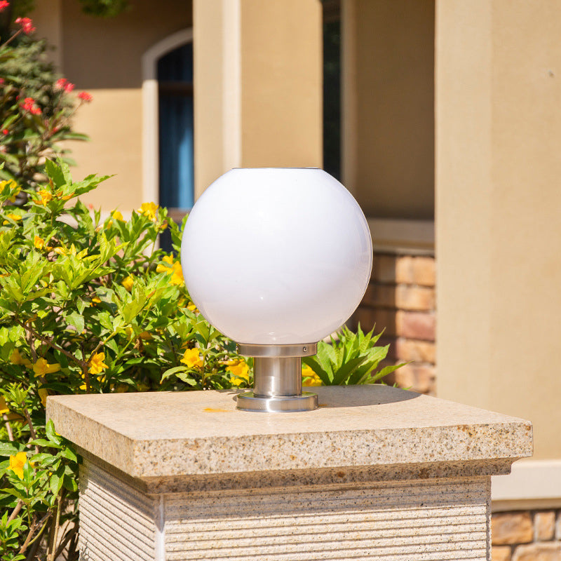 Industrial Sphere Shaped Solar Post Light Acrylic LED Landscape Lamp in Silver for Courtyard