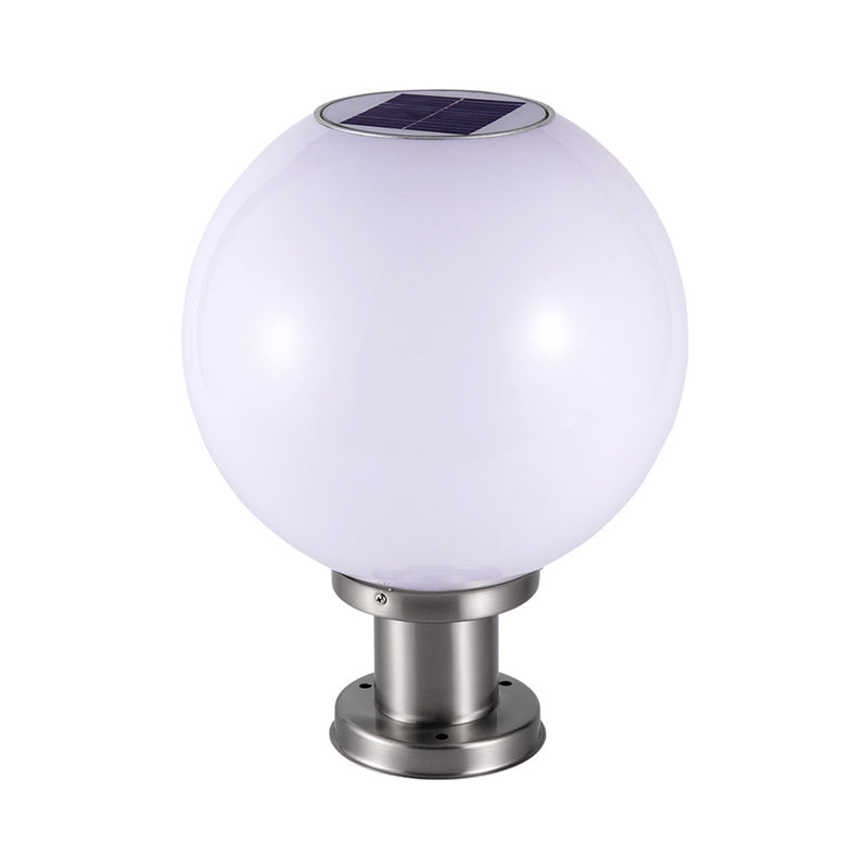 Industrial Sphere Shaped Solar Post Light Acrylic LED Landscape Lamp in Silver for Courtyard