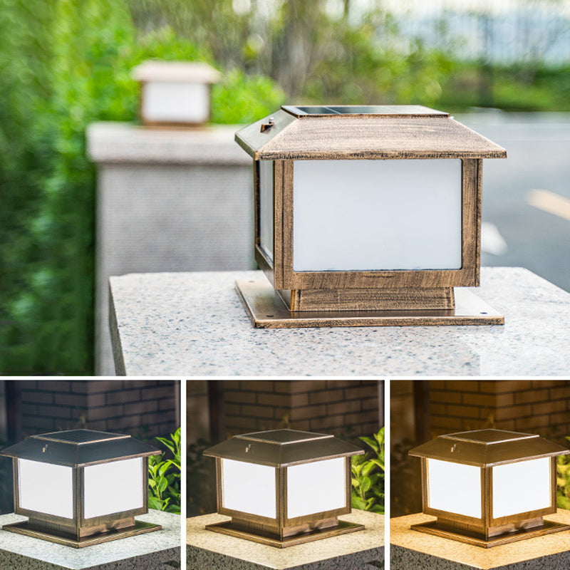 Vintage Rectangular Shade Post Light Frosted Acrylic LED Landscape Lamp for Courtyard