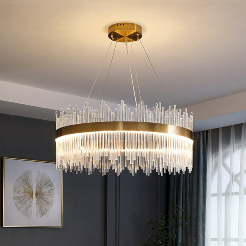 Cercle de tige de cristal Light Suspension Light Artistic Gold Chandelier Lumière en or pour le salon