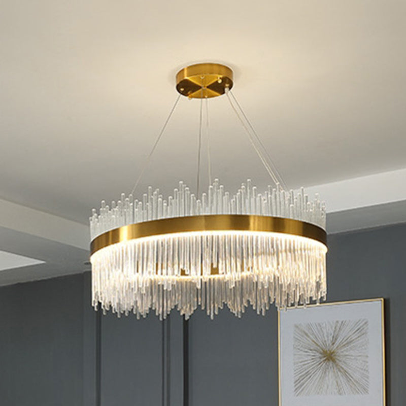 Cercle de tige de cristal Light Suspension Light Artistic Gold Chandelier Lumière en or pour le salon