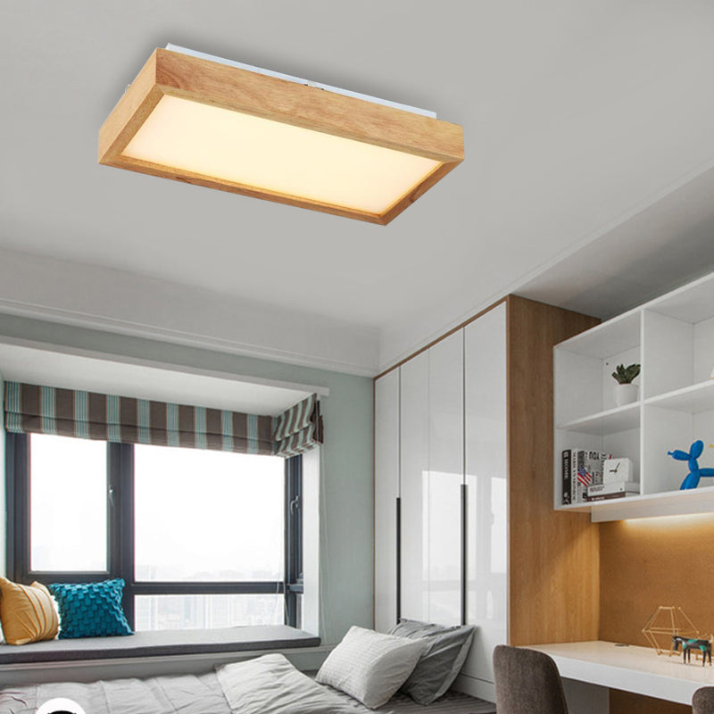 Beige Rectangle Ceiling Mounted Light Minimalist Wood 1/4 Lights Flush Mount in White/Warm Light with Acrylic Diffuser