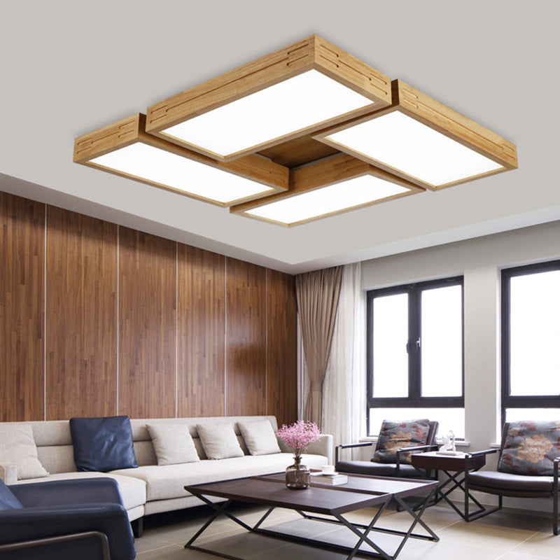 Beige Rectangle Ceiling Mounted Light Minimalist Wood 1/4 Lights Flush Mount in White/Warm Light with Acrylic Diffuser