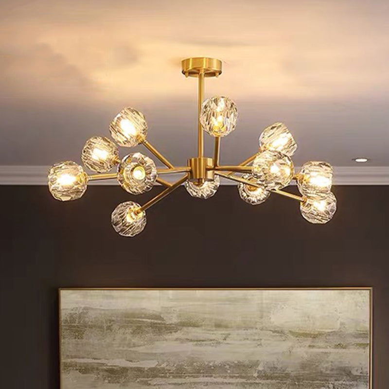 Branche salon Suspension Light Metal Metal Artistic Chandelier Light avec une nuance de cristal à facettes en or