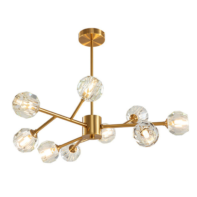 Branche salon Suspension Light Metal Metal Artistic Chandelier Light avec une nuance de cristal à facettes en or