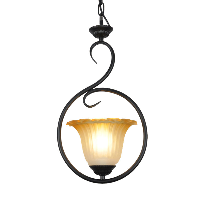 1 Light Flower Pendant Lighting Traditional White/Black Metal Hanging Light Fixture with Ring