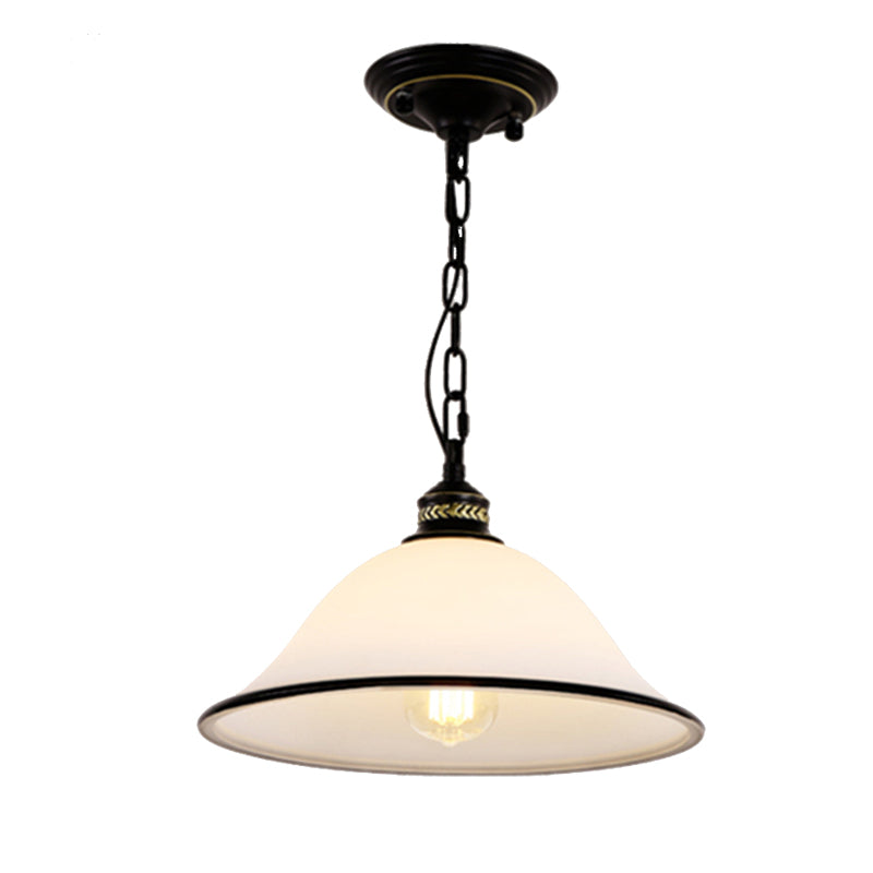 Lighting classico a sospensione svasata 1 Lampada appesa al vetro bianco leggero in nero per sala da pranzo