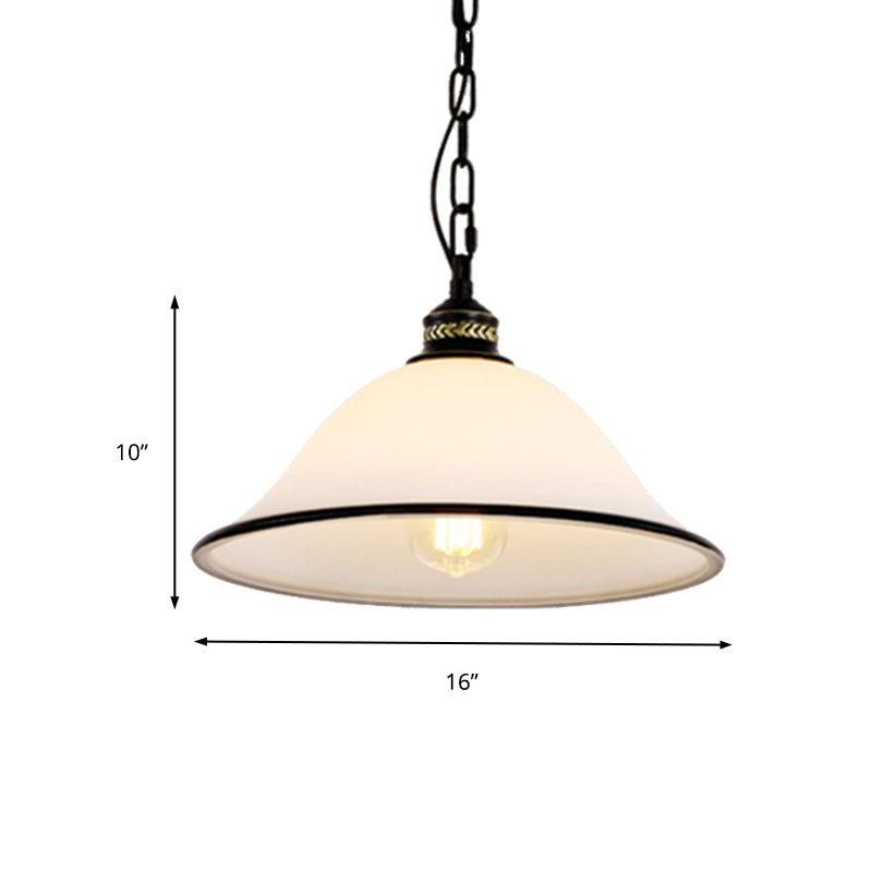 Classic Flared Pendant Lighting 1 Light White Glass Hanging Light Fixture in Black for Dining Room