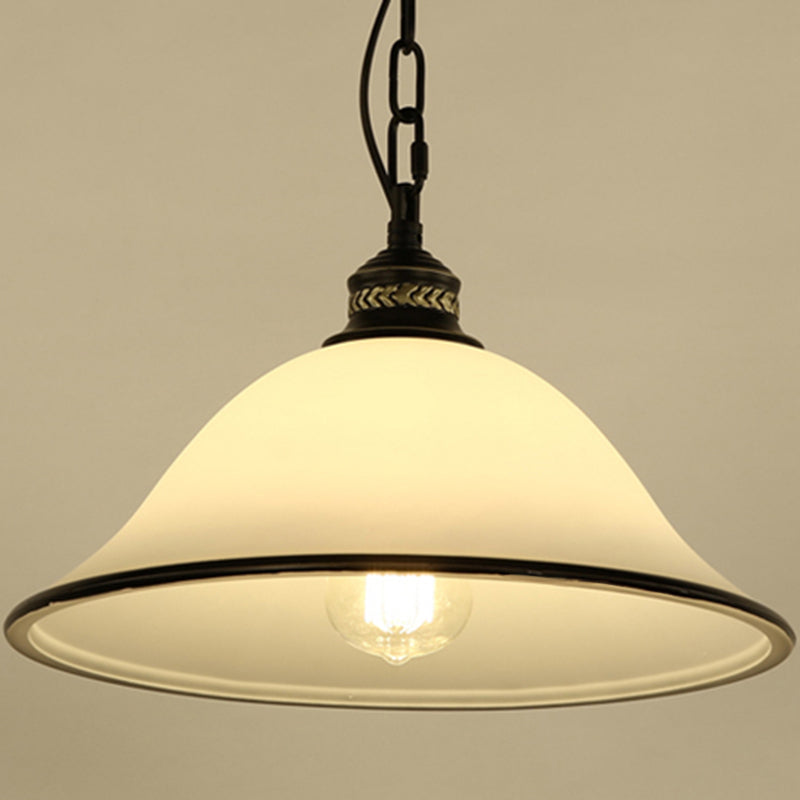 Classic Flared Pendant Lighting 1 Light White Glass Hanging Light Fixture in Black for Dining Room