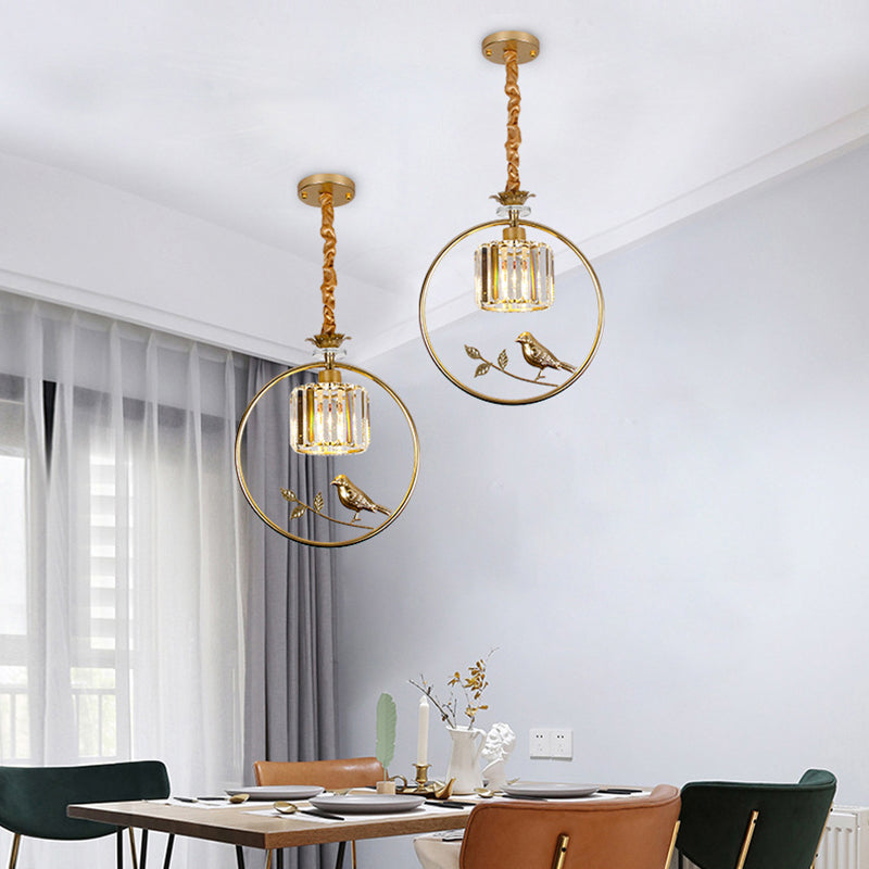 Cylinder Crystal Block Pendant Light Farmhouse 1 Bulb Dining Room Hanging Lamp with Decorative Bird and Ring