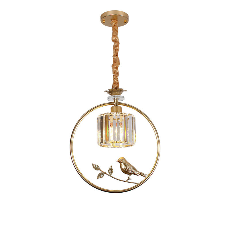 Cylinder Crystal Block Pendant Light Farmhouse 1 Bulb Dining Room Hanging Lamp with Decorative Bird and Ring