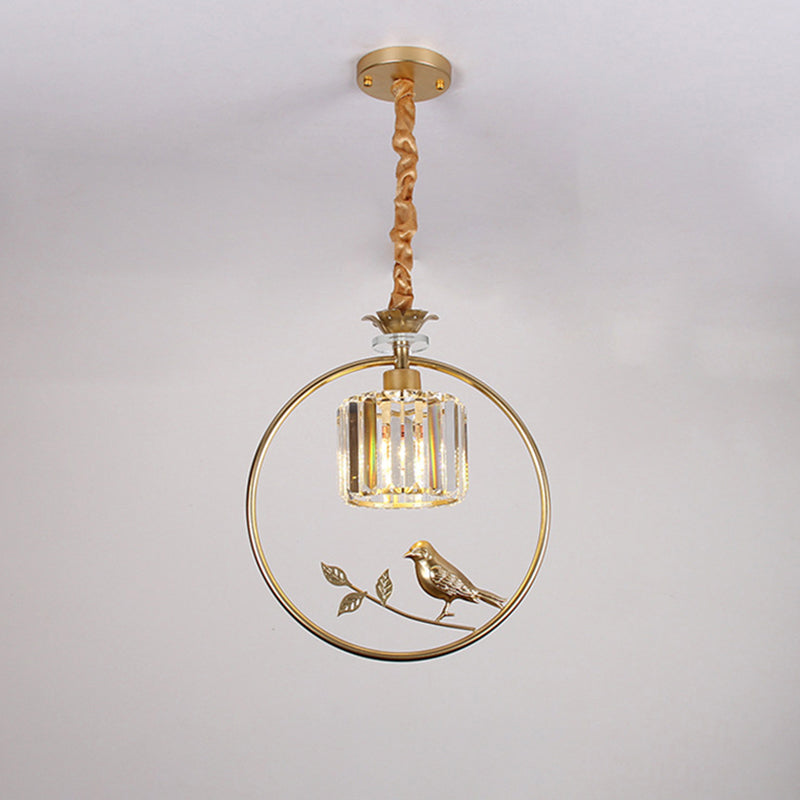 Cylinder Crystal Block Pendant Light Farmhouse 1 Bulb Dining Room Hanging Lamp with Decorative Bird and Ring