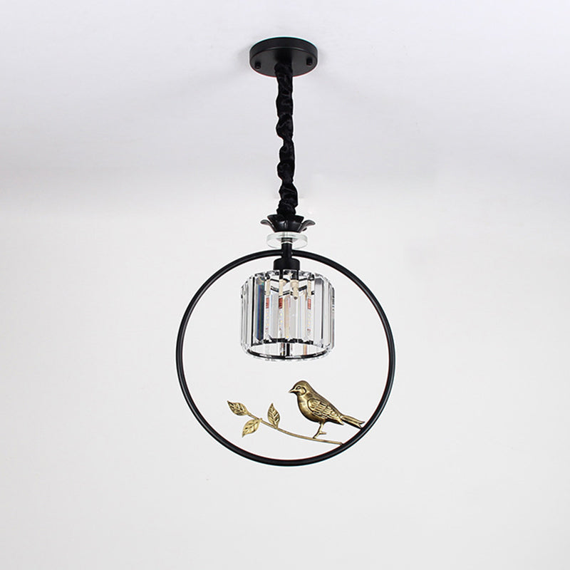 Cylinder Crystal Block Pendant Light Farmhouse 1 Bulb Dining Room Hanging Lamp with Decorative Bird and Ring