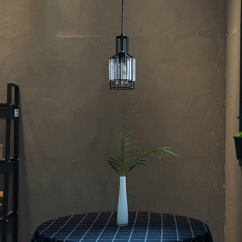 Iron Wire Cage Bottle Pendant Industrial 1-Light Dining Table Suspension Lamp in Black with Crystal