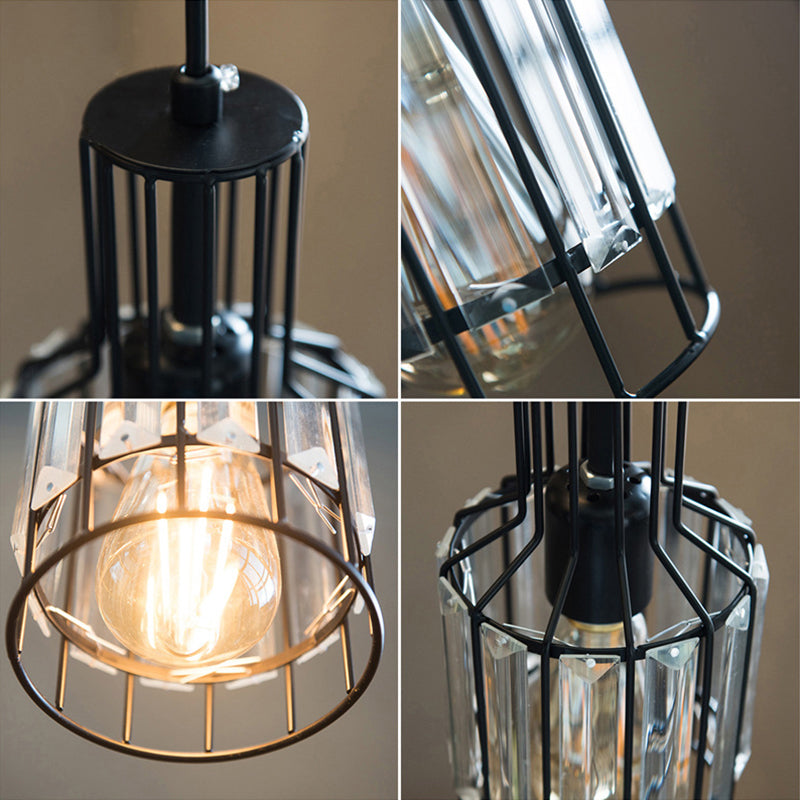 Iron Wire Cage Bottle Pendant Industrial 1-Light Dining Table Suspension Lamp in Black with Crystal