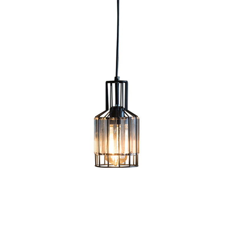 Iron Wire Cage Bottle Pendant Industrial 1-Light Dining Table Suspension Lamp in Black with Crystal