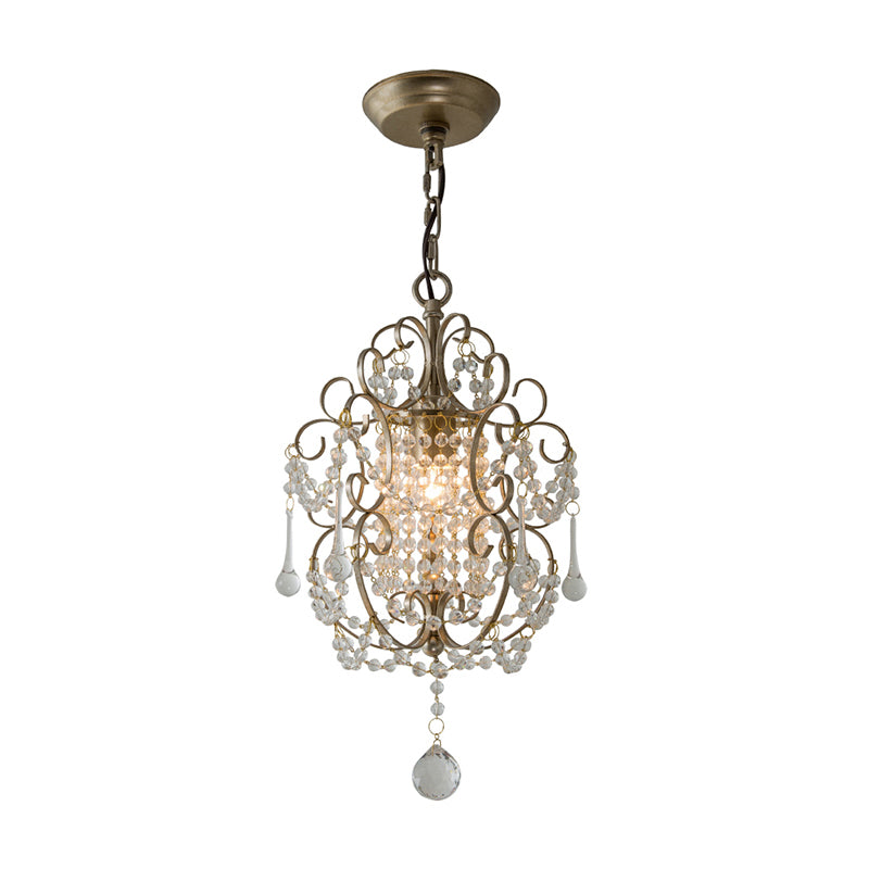 Metal Scrolled Pendulum Light French Country 1 Head Bedside Drop Pendant with Crystal Bead