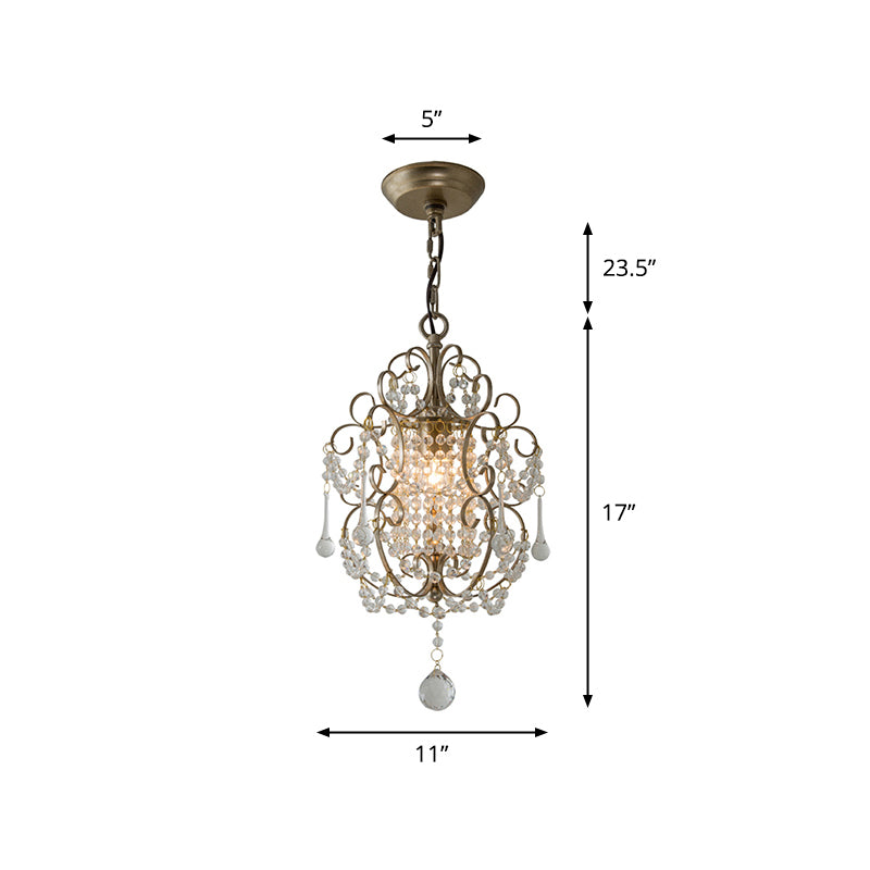 Metal Scrolled Pendulum Light French Country 1 Head Bedside Drop Pendant with Crystal Bead