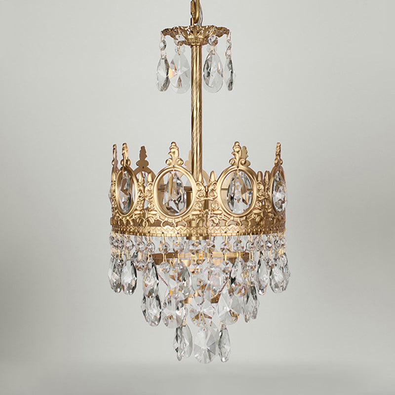 Gold Crown-Shape Ceiling Pendant Antique Metal Single Bedroom Hanging Lamp with Crystal Drops