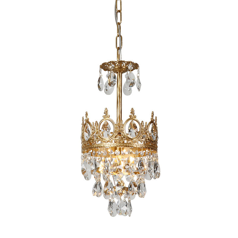 Gold Crown-Shape Ceiling Pendant Antique Metal Single Bedroom Hanging Lamp with Crystal Drops