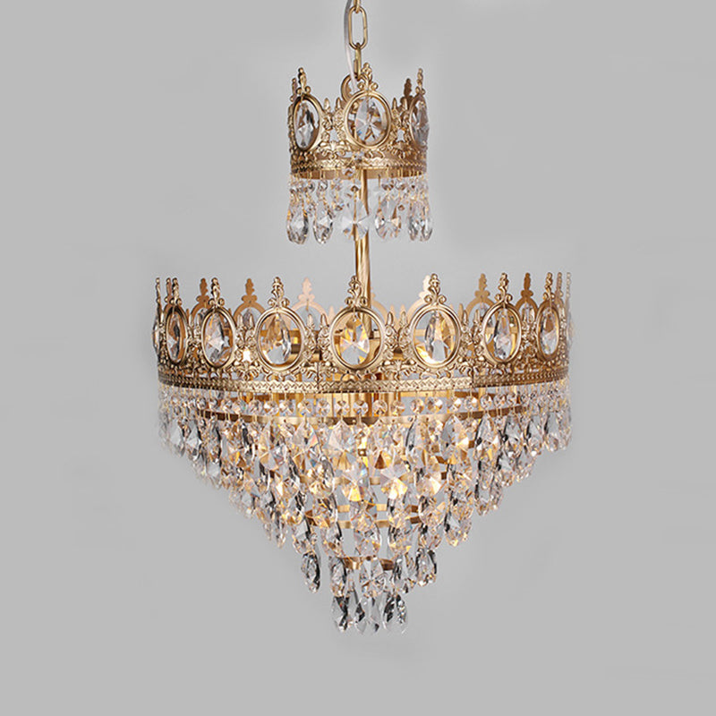 Gold Crown-Shape Ceiling Pendant Antique Metal Single Bedroom Hanging Lamp with Crystal Drops