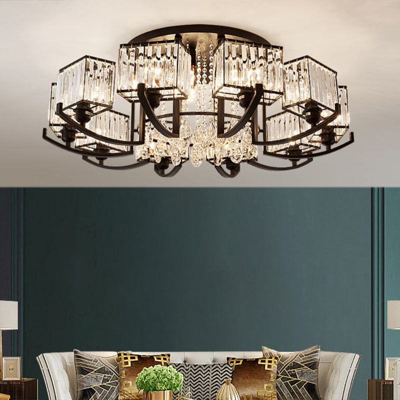 Black Rectangle Ceiling Light Fixture Modern K9 Crystal Living Room Semi Flush Mount Lamp