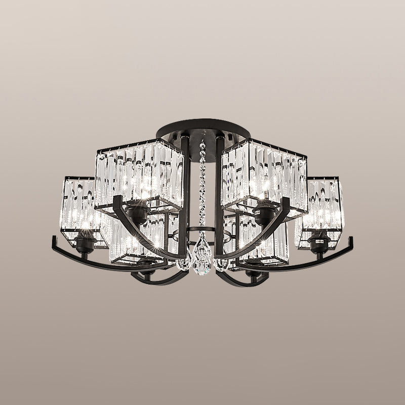 Black Rectangle Ceiling Light Fixture Modern K9 Crystal Living Room Semi Flush Mount Lamp