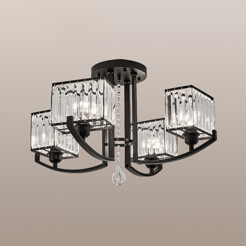 Black Rectangle Ceiling Light Fixture Modern K9 Crystal Living Room Semi Flush Mount Lamp