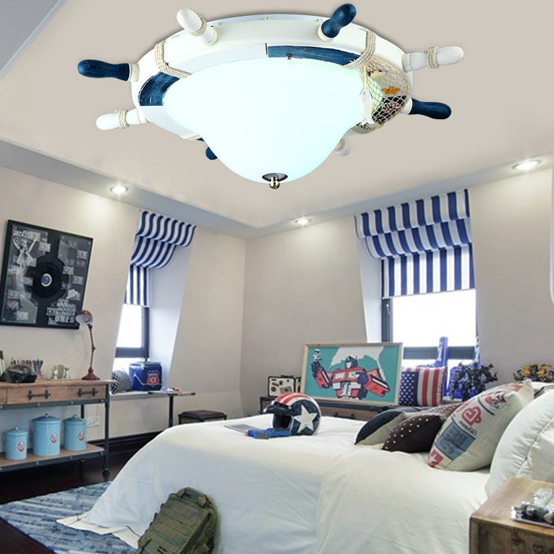 Cartoon Style Rudder Flush Ceiling Light Metal LED Children Room White/Blue Flush Mount Lamp with Frosted Glass Shade