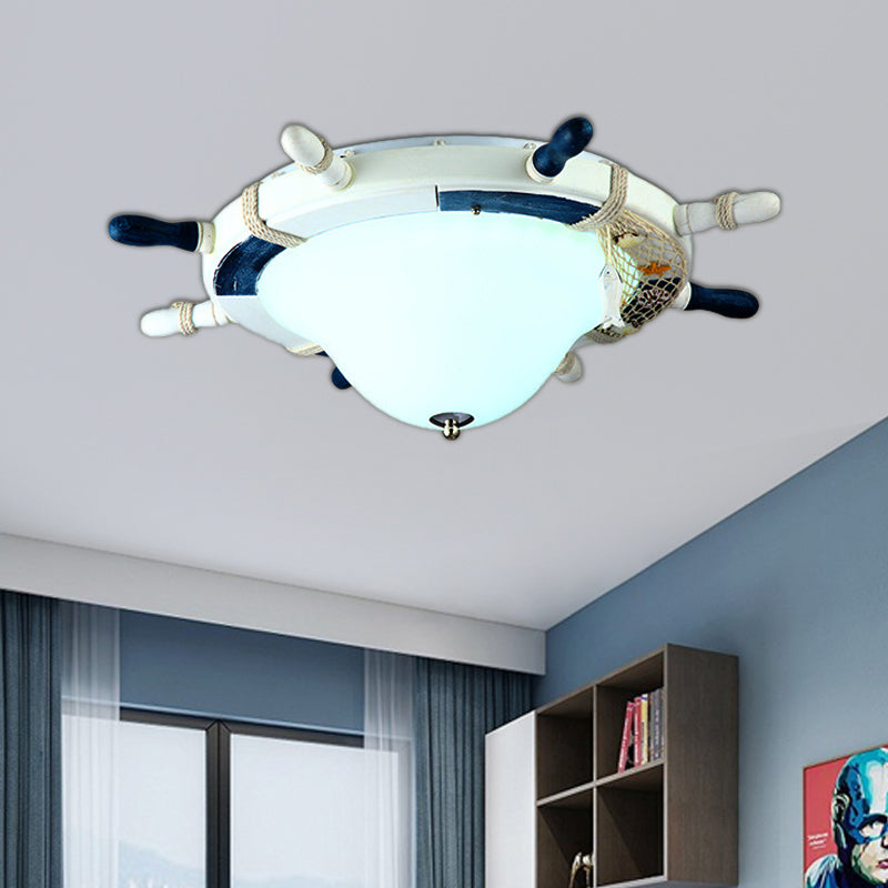 Cartoon Style Rudder Flush Ceiling Light Metal LED Children Room White/Blue Flush Mount Lamp with Frosted Glass Shade