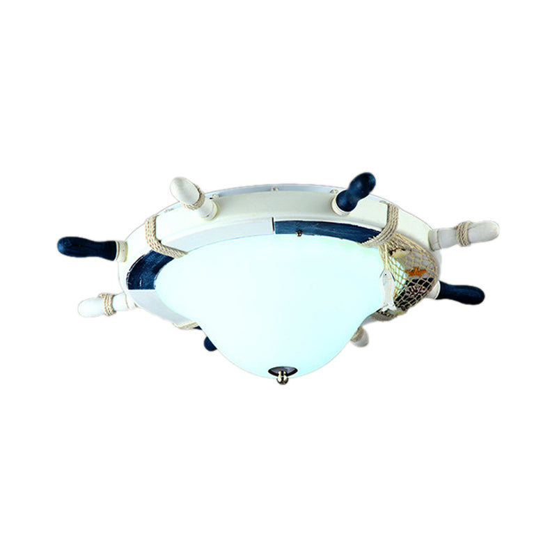 Cartoon Style Rudder Flush Ceiling Light Metal LED Enfants Room White / Blue Flush Mount Lamp with Frosted Glass Shade