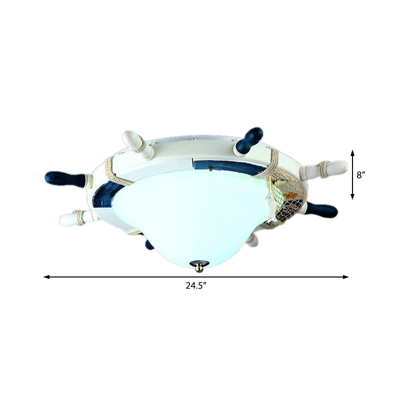 Cartoon Style Rudder Flush Ceiling Light Metal LED Children Room White/Blue Flush Mount Lamp with Frosted Glass Shade