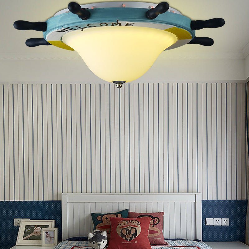 Cartoon Style Rudder Flush Ceiling Light Metal LED Enfants Room White / Blue Flush Mount Lamp with Frosted Glass Shade