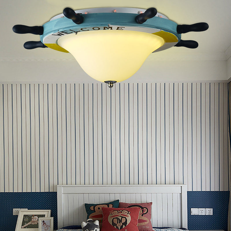 Cartoon Style Rudder Flush Ceiling Light Metal LED Children Room White/Blue Flush Mount Lamp with Frosted Glass Shade