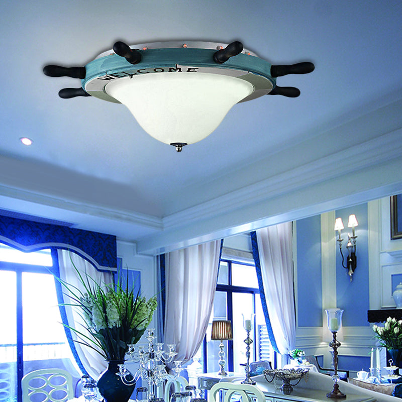 Cartoon Style Rudder Flush Ceiling Light Metal LED Enfants Room White / Blue Flush Mount Lamp with Frosted Glass Shade