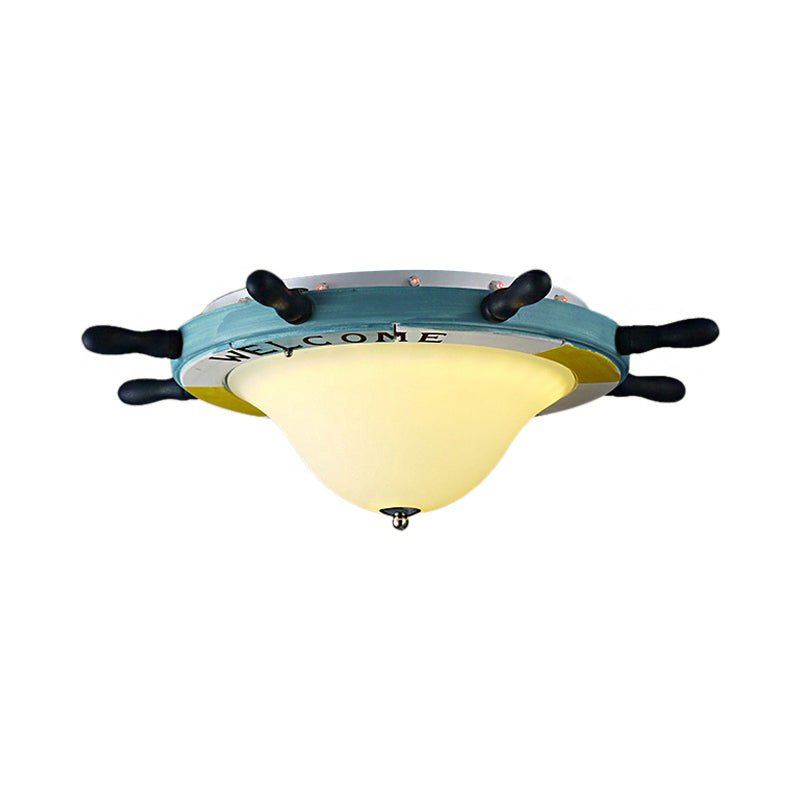 Cartoon Style Rudder Flush Ceiling Light Metal LED Children Room White/Blue Flush Mount Lamp with Frosted Glass Shade