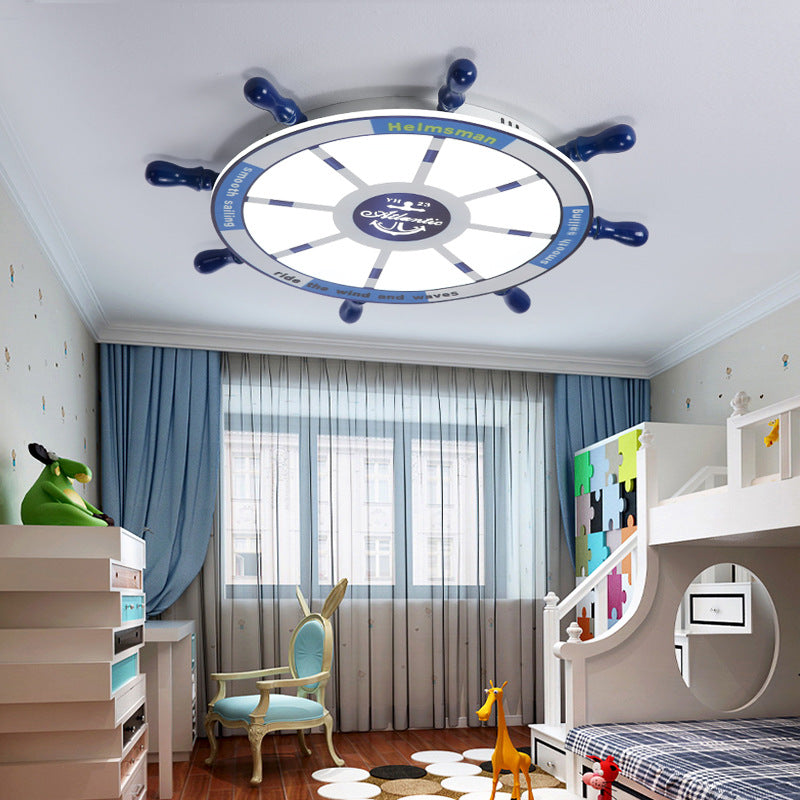 Luminaire suspendu moderne à gouvernail métallique, plafonnier LED intégré en bleu pour chambre d'enfant