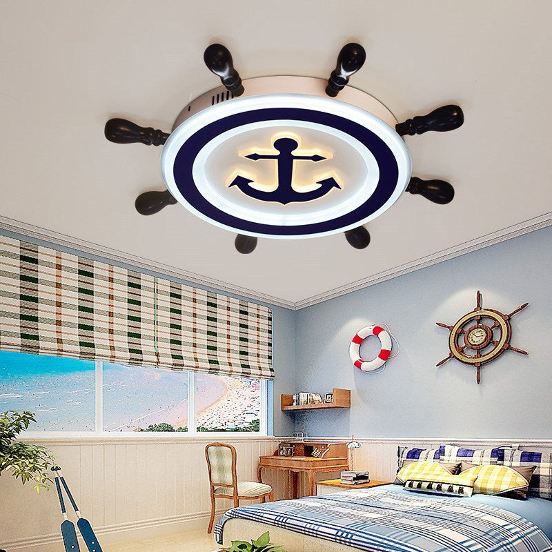 Blue Round Flush Light Fixture Cartoon Style LED Bois et flush Acrylique Mount Lighting with Rudder Design