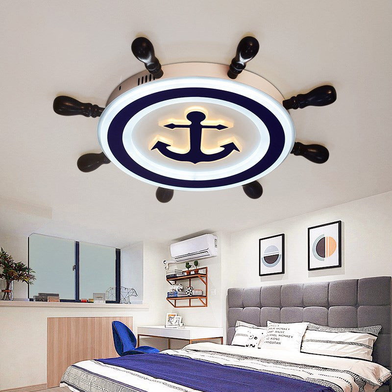 Blue Round Flush Light Fixture Cartoon Style LED Wood and Acrylic Flush Mount Lighting with Rudder Design