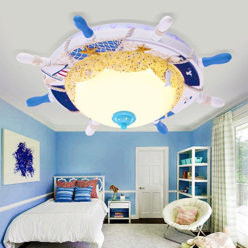 Blue Rudder Shade Flush Light Zeitgenössische LED-Unterputzlampe aus Metall mit Milchglasschirm für Kinderzimmer