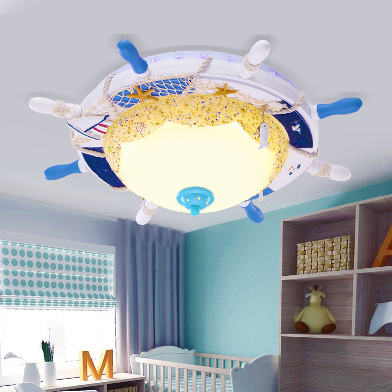 Lámpara empotrada de metal LED contemporánea con pantalla de timón azul y pantalla de vidrio esmerilado para habitación de niños