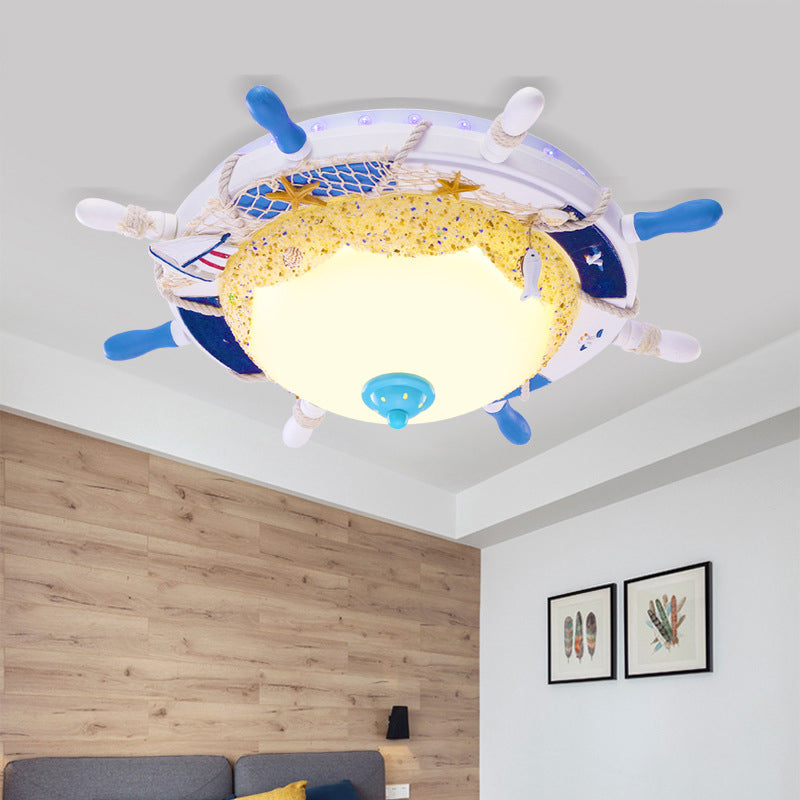 Lámpara empotrada de metal LED contemporánea con pantalla de timón azul y pantalla de vidrio esmerilado para habitación de niños