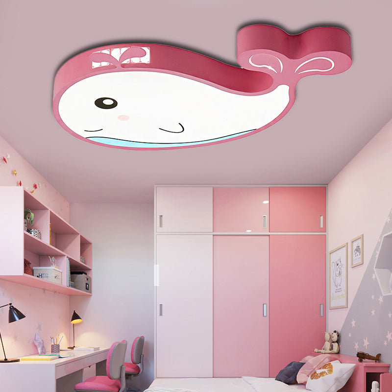 Kids Whale Shaped Flush Mount Lighting Metal and Acrylic LED Bedroom Ceiling Mounted Light in Blue/Pink