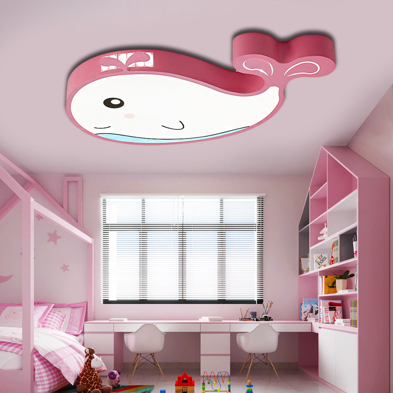 Kids Whale Shaped Flush Mount Lighting Metal and Acrylic LED Bedroom Ceiling Mounted Light in Blue/Pink