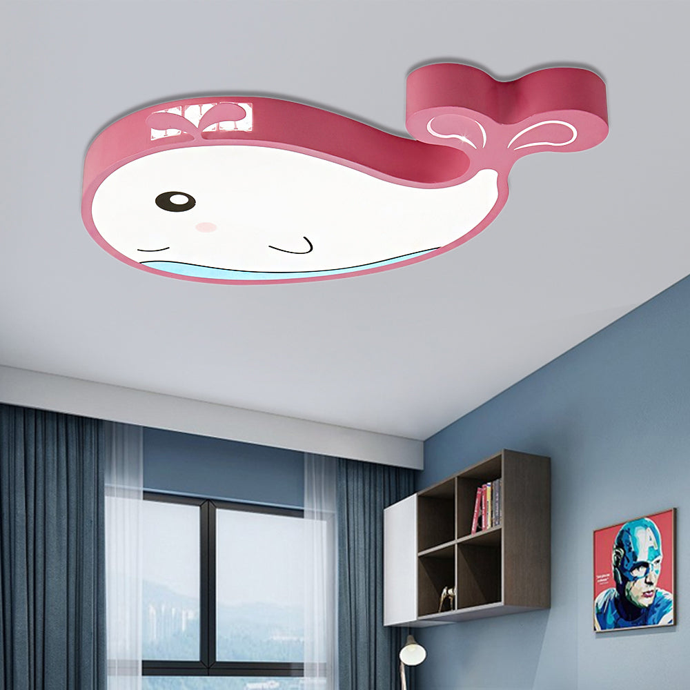 Kids Whale Shaped Flush Mount Lighting Metal and Acrylic LED Bedroom Ceiling Mounted Light in Blue/Pink