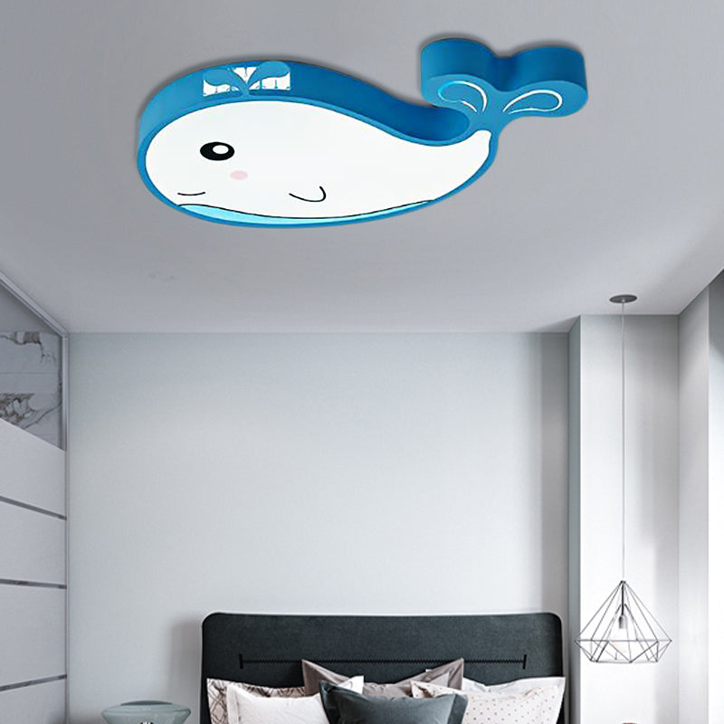 Kids Whale Shaped Flush Mount Lighting Metal and Acrylic LED Bedroom Ceiling Mounted Light in Blue/Pink