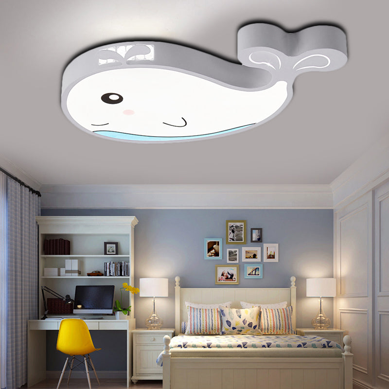 Kids Whale Shaped Flush Mount Lighting Metal and Acrylic LED Bedroom Ceiling Mounted Light in Blue/Pink